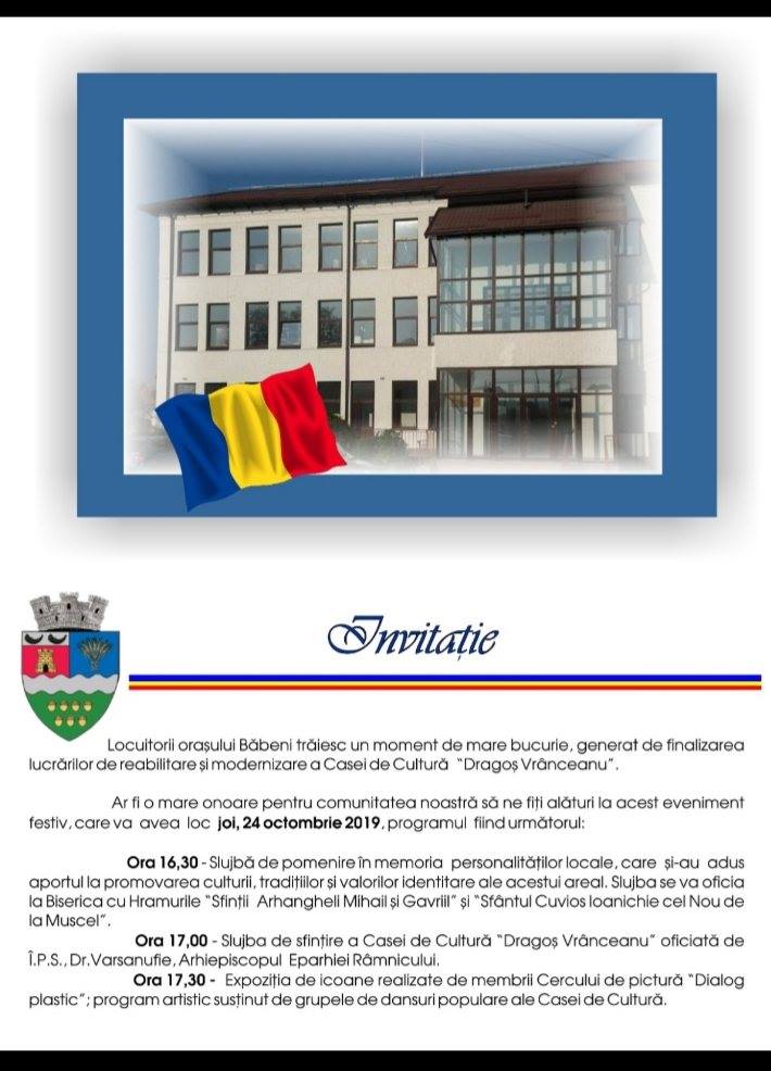 La Băbeni, Casa de Cultură „Dragoş Vrânceanu”  va fi inaugurată joi,  24 octombrie,  cu o serie de evenimente