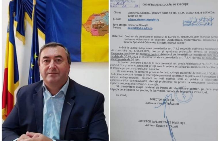 Primarul Constantin  Aleca : „Încep lucrările de reabilitare, modernizare, extindere și dotare a Spitalului Orășenesc Bălcești cu data de 30 mai”