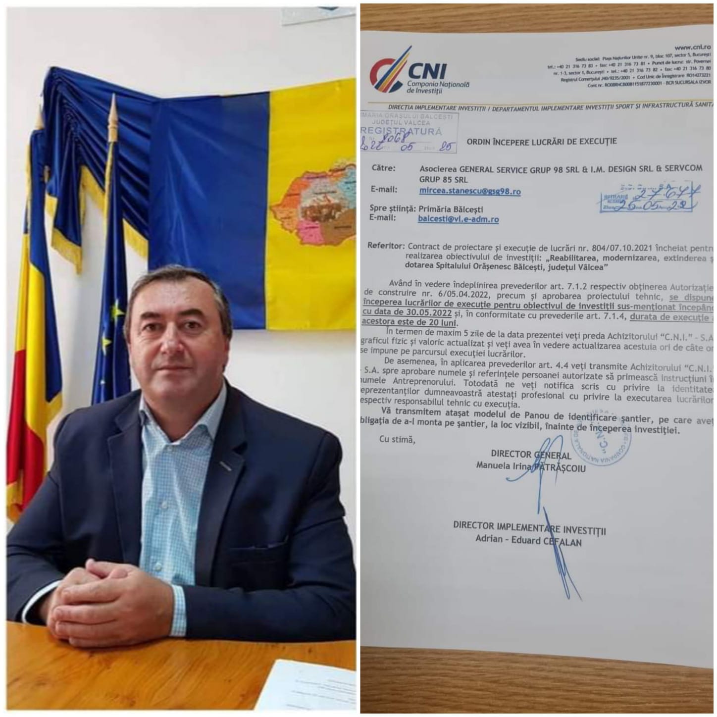 Primarul Constantin  Aleca : „Încep lucrările de reabilitare, modernizare, extindere și dotare a Spitalului Orășenesc Bălcești cu data de 30 mai”