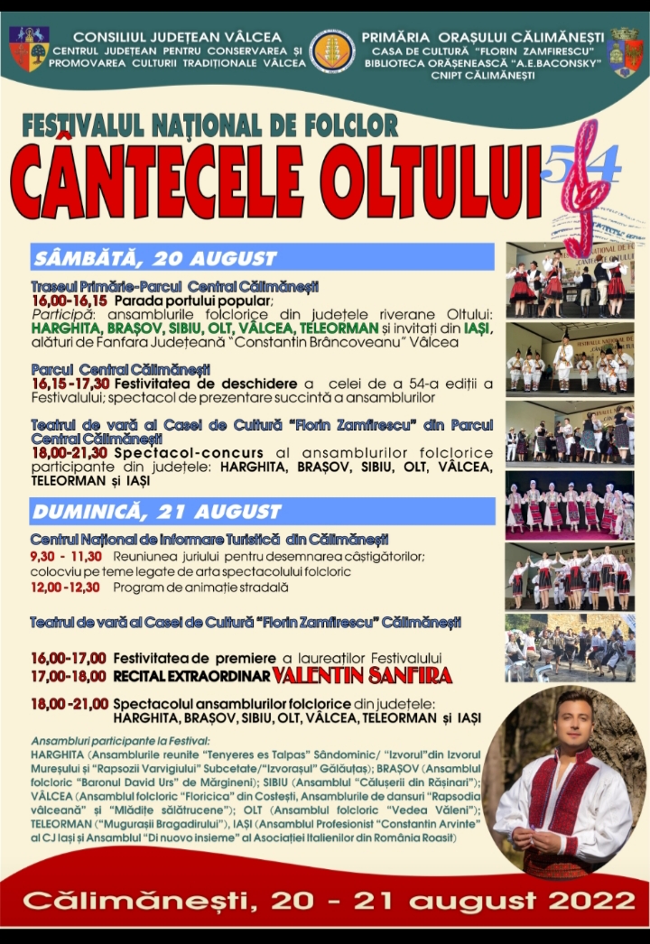 În zilele de 20 și 21 august 2022, orașul Călimănești va fi gazda tradiționalului Festival Național de Folclor “Cântecele Oltului”