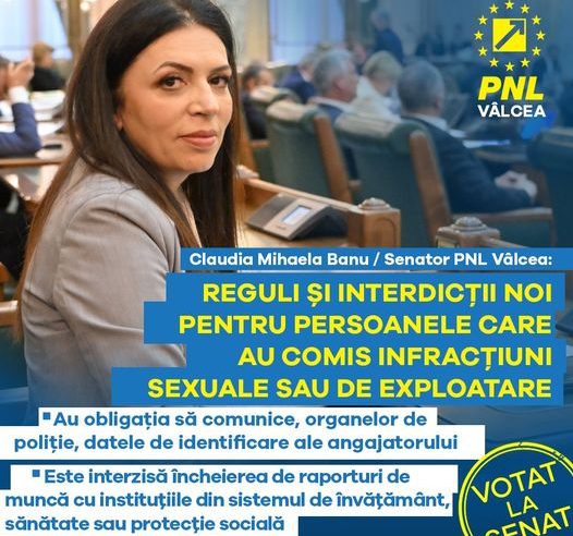 Senatorul liberal Claudia Banu promovează înființarea Registrului Național al Infractorilor Sexuali pentru Protejarea Persoanelor Vulnerabile