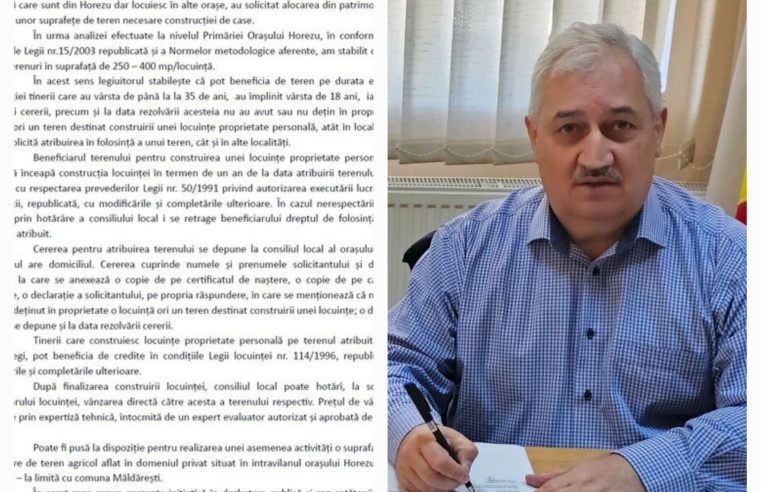 Primăria Orașului Horezu propune alocarea de terenuri pentru construcția de locuințe destinate tinerilor