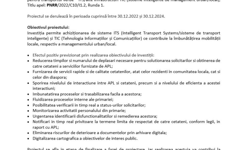 BREZOI – Proiectul cu titlul „IMBUNATATIREA SERVICIILOR PUBLICE PENTRU CRESTEREA CALITATII VIETII CETATENILOR PRIN DIGITALIZARE”