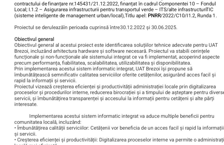 Brezoi – Proiectul cu titlul „IMBUNATATIREA SERVICIILOR PUBLICE PENTRU CRESTEREA CALITATII VIETII CETATENILOR PRIN DIGITALIZARE”