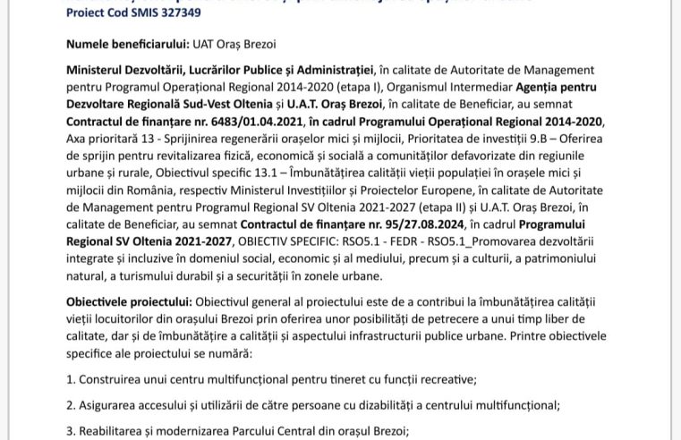 BREZOI – „Îmbunătățirea calității vieții în orașul Brezoi, prin înființarea unui centru multifuncțional pentru tineret și prin amenajarea spațiilor urbane” Proiect Cod SMIS 327349