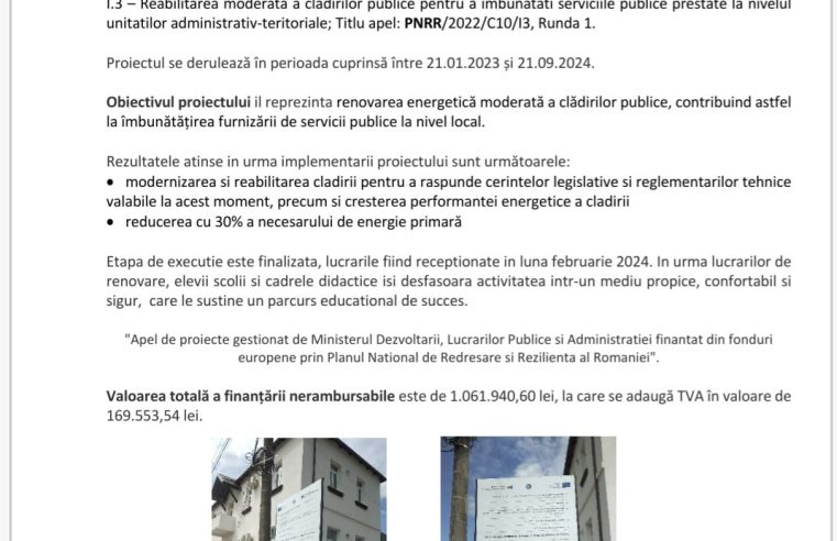 BREZOI – „EFICIENTIZARE ENERGETICA SCOALA PRIMARA (CLASELE I-IV) ORAS BREZOI, JUDETUL VALCEA, STR. PANDURILOR, NR. 4”,