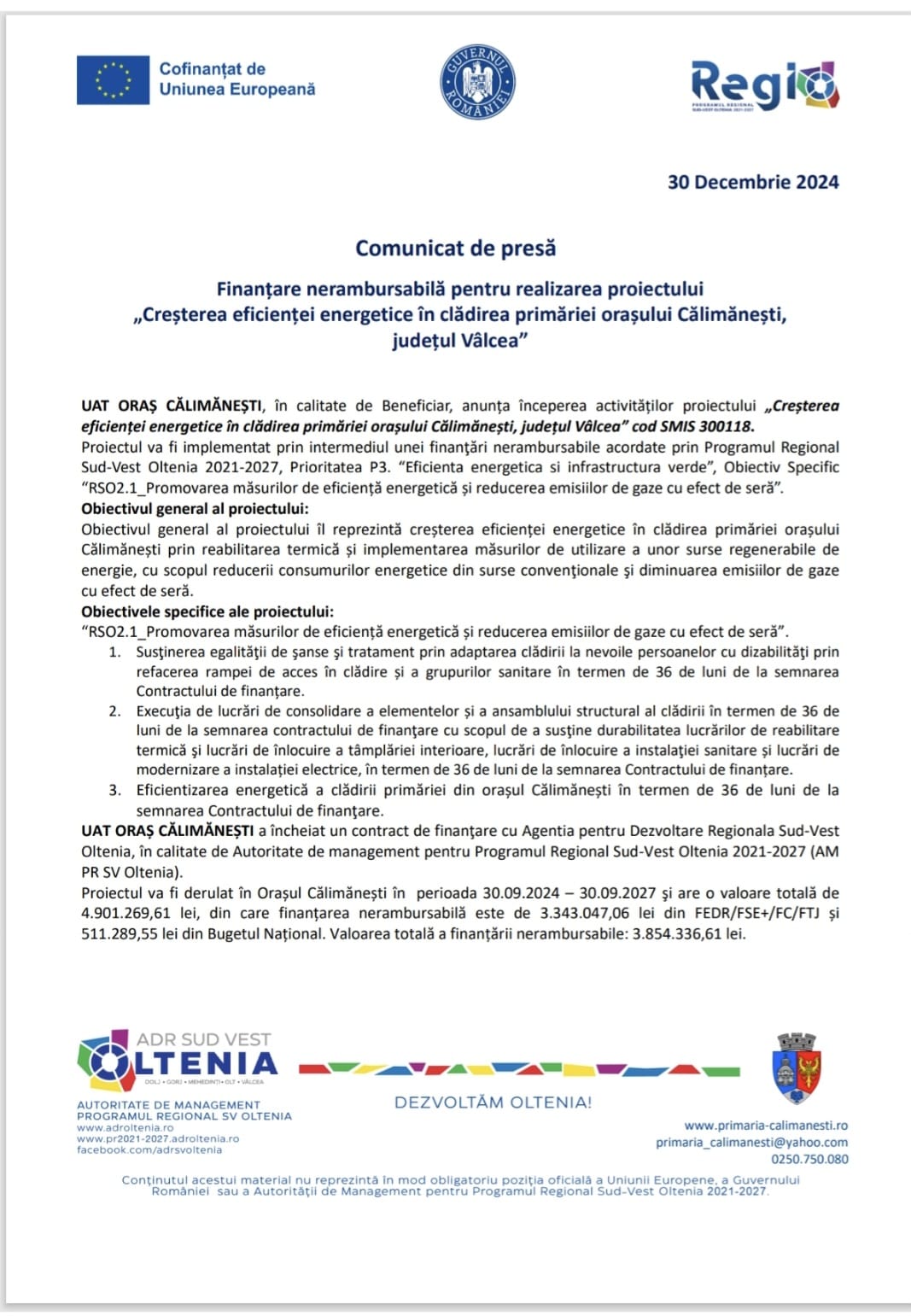 Călimănești – „Creșterea eficienței energetice în clădirea primăriei orașului Călimănești”