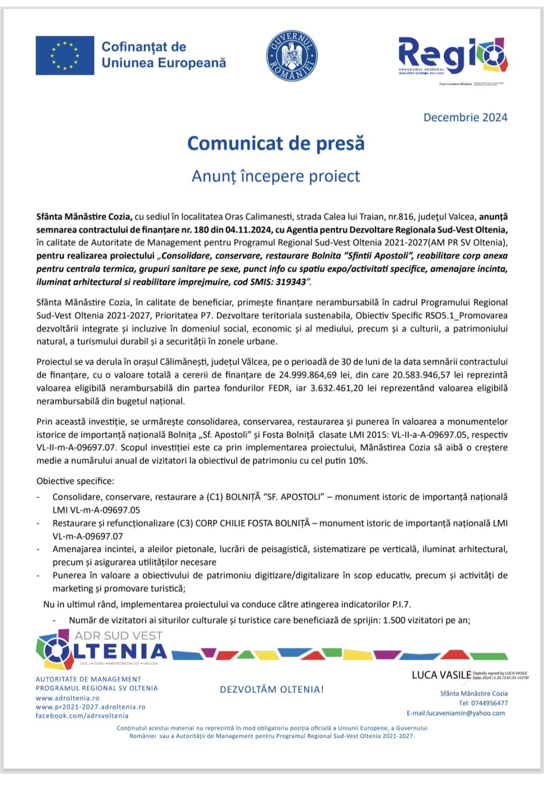 Sfânta Mănăstire Cozia – „Consolidare, conservare, restaurare Bolnita ”Sfintii Apostoli”