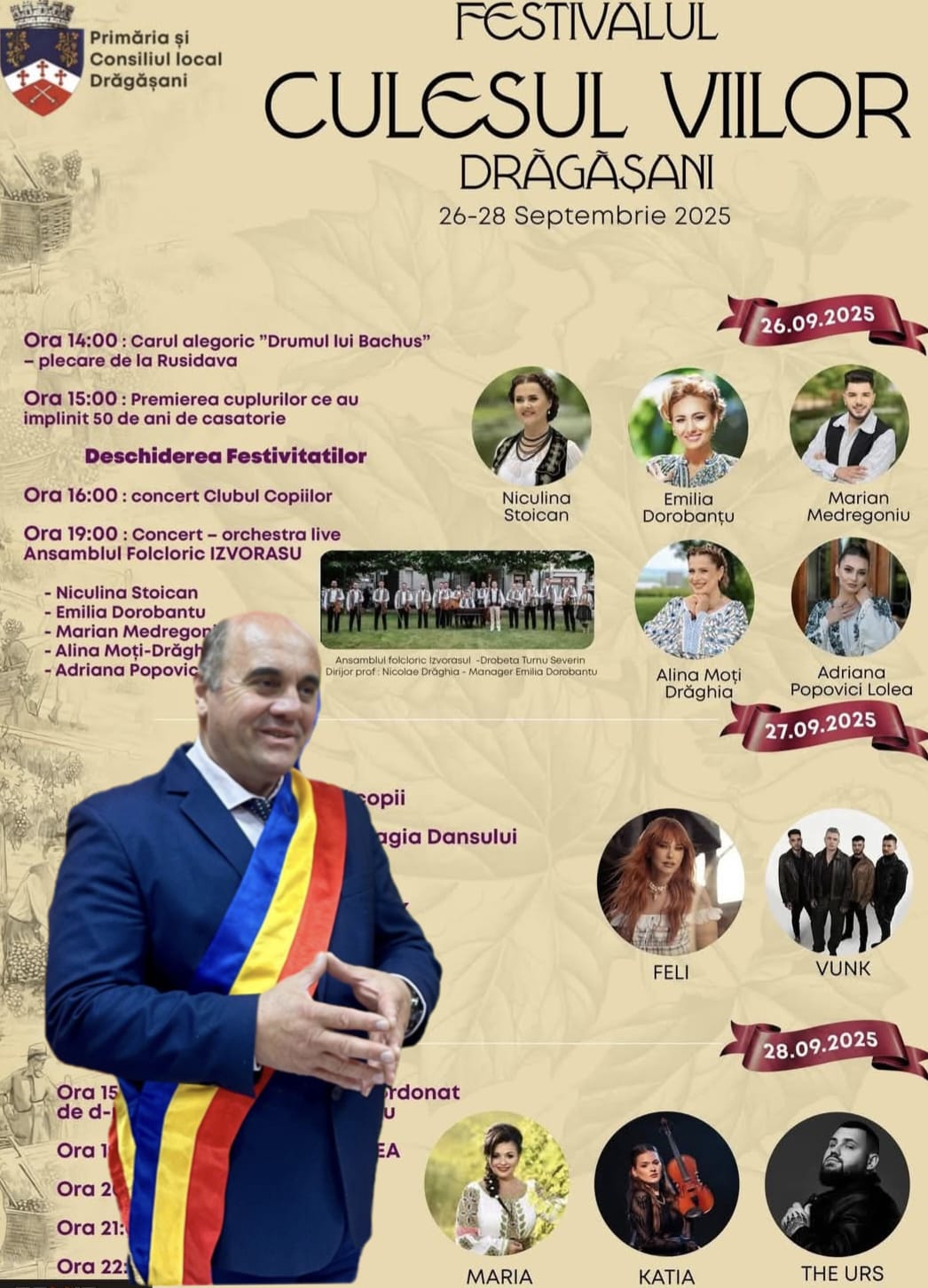 Sub semnul lui Bachus: Drăgășaniul celebrează toamna cu must, struguri, parade și concerte. Primarul Stoica: „Veniți la cântec, vin și bucurie!”